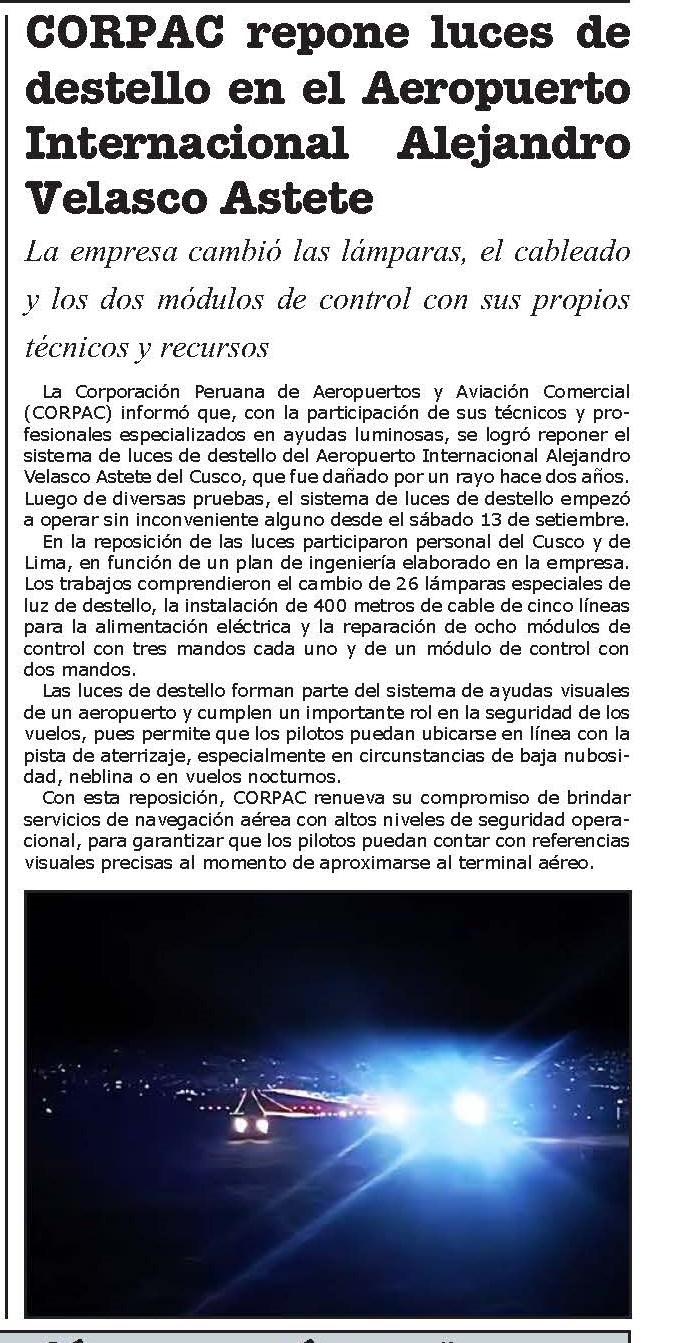 CORPAC REPONE LUCES DE DESTELLO EN EL AEROPUERTO DEL CUSCO