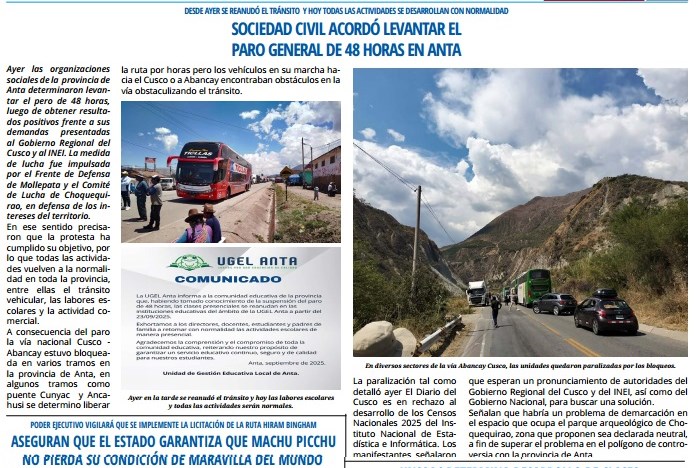 PARO EN ANTA: SUSPENDIÓ OPERACIONES EN VÍA FÉRREA CUSCO-OLLANTAYTAMBO