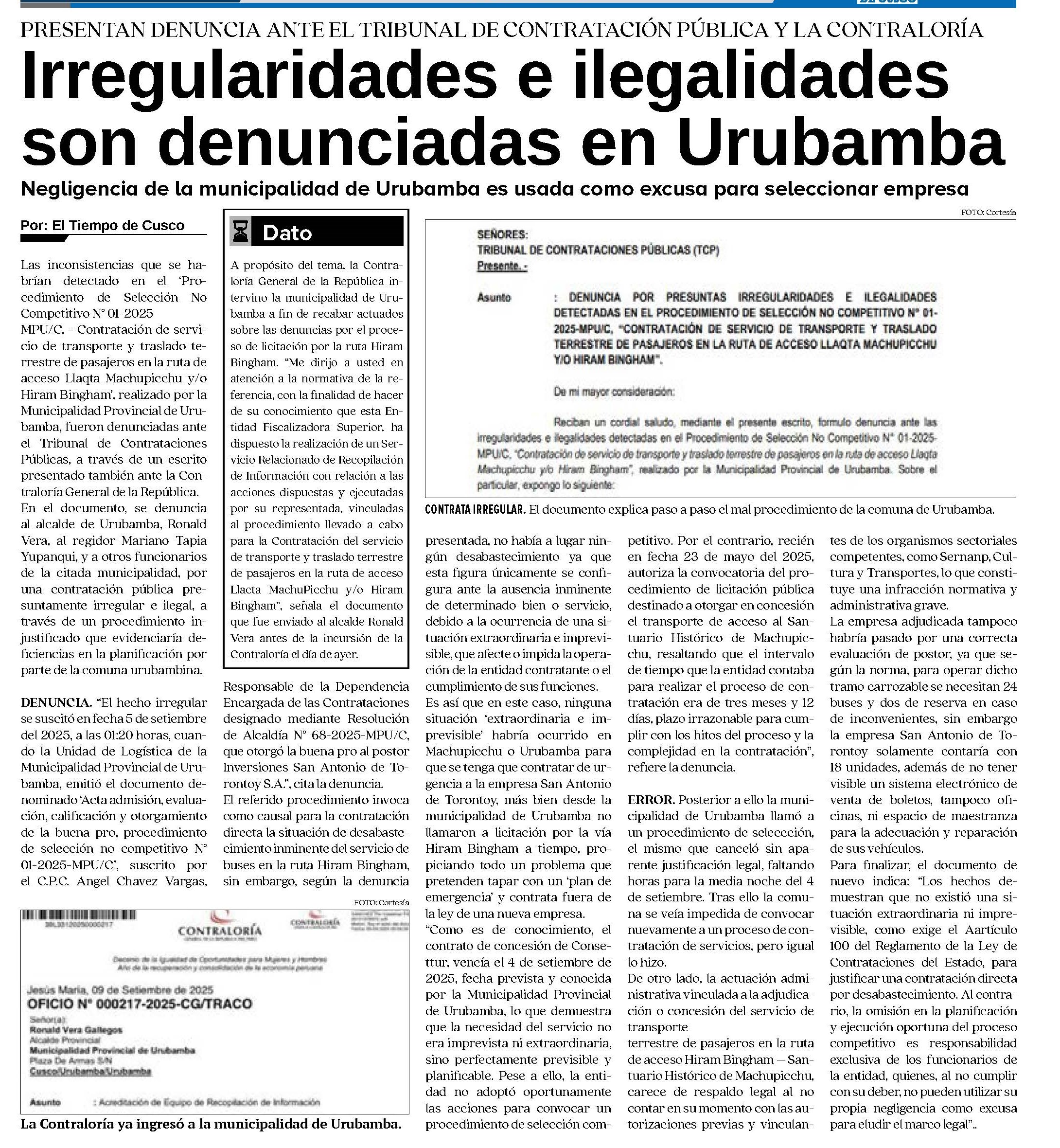 CONTRALORÍA DE LA REPÚBLICA INTERVIENE A LA MUNICIPALIDAD DE URUBAMBA