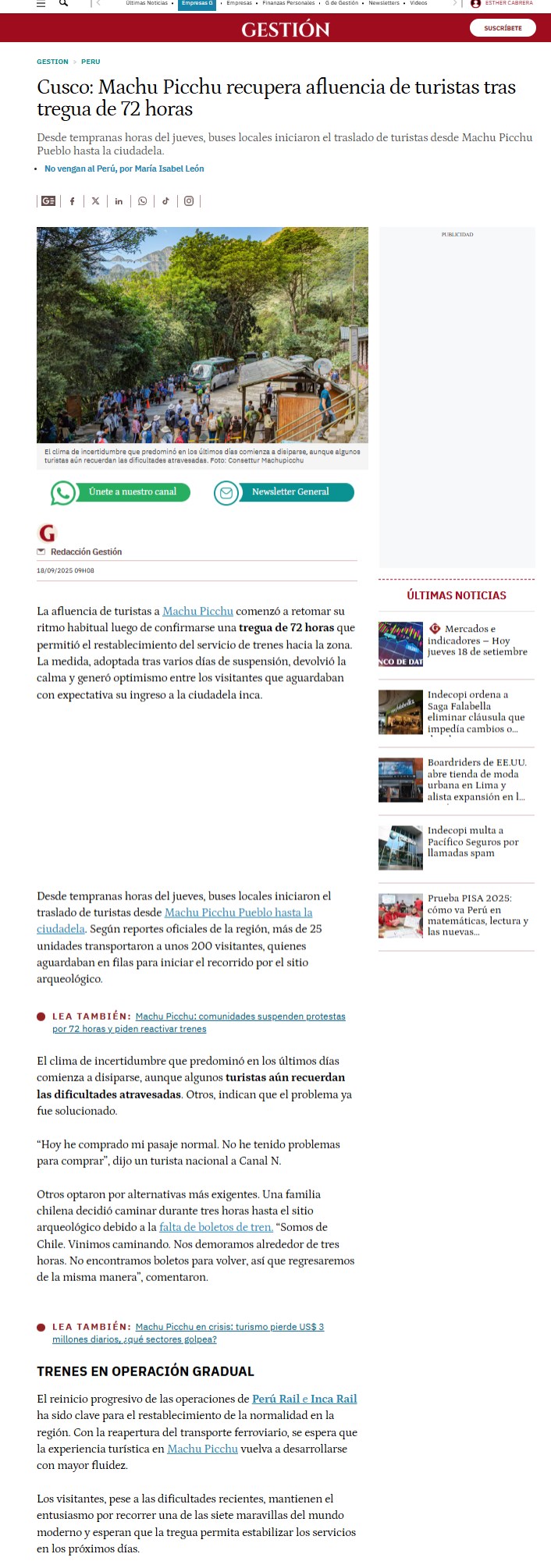 TRENES A MACHUPICCHU VUELVEN A OPERAR