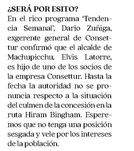 INTERESES POLÍTICOS POR LA RUTA HIRAM BINGHAM