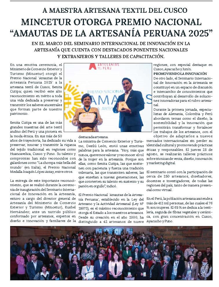 ARTESANA DE CUSCO RECIBE EL PREMIO NACIONAL AMAUTAS DE LA ARTESANÍA PERUANA 2025