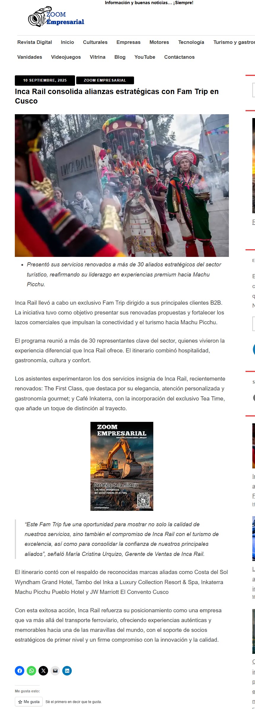 INCA RAIL CONSOLIDA ALIANZAS ESTRATÉGICAS CON FAM TRIP EN CUSCO