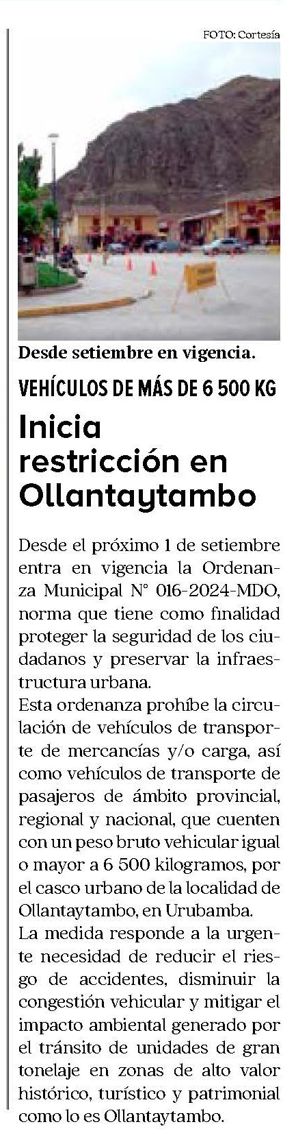 INICIA RESTRICCIÓN EN OLLANTAYTAMBO