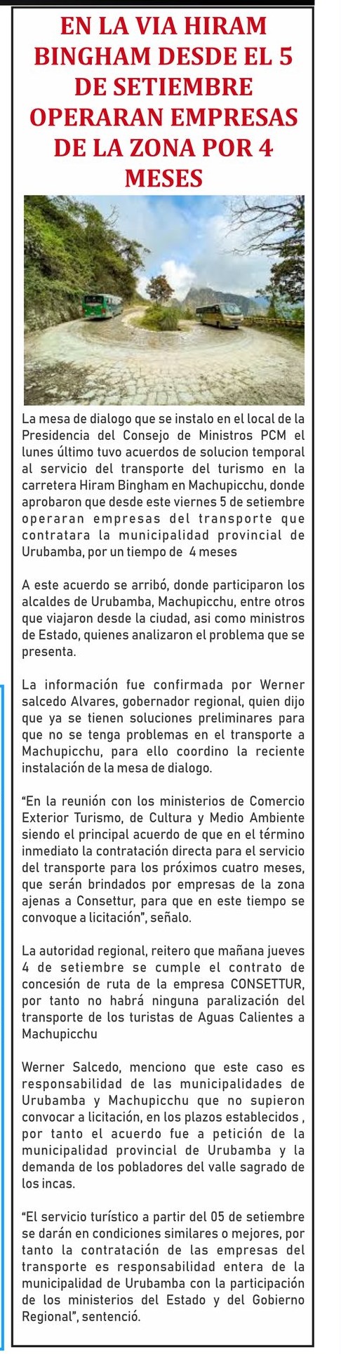 BUSES LOCALES OPERARÁN EN RUTA HIRAM BINGHAM