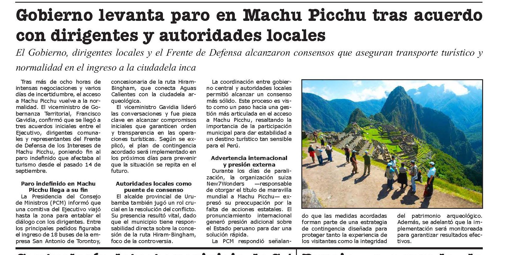 LLEGAN A CONSENSO PARA GARANTIZAR EL ACCESO A MACHU PICCHU