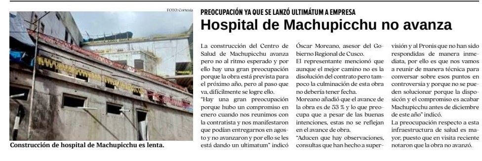 HOSPITAL DE MACHUPICCHU NO AVANZA