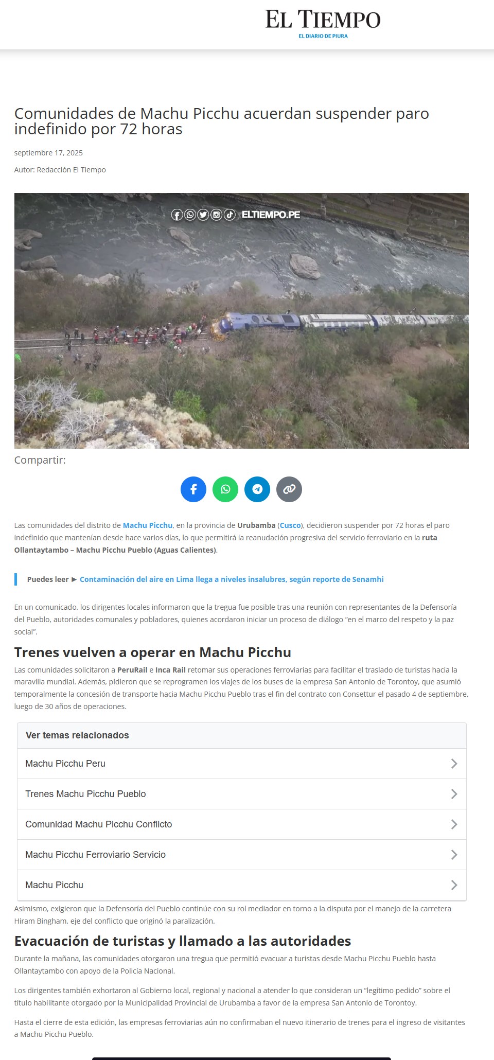 SUSPENDEN PROTESTAS EN MACHU PICCHU Y REINICIAN SERVICIO FERROVIARIO POR 72 HORAS