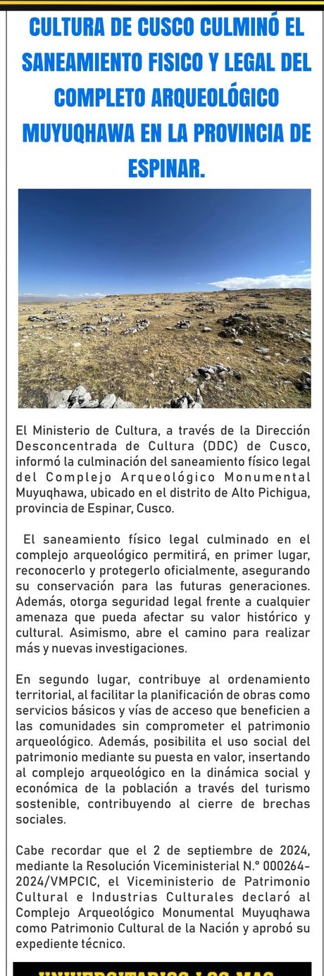 MINCUL CULMINA SANEAMIENTO DE COMPLEJO MONUMENTAL MUYUQHAWA