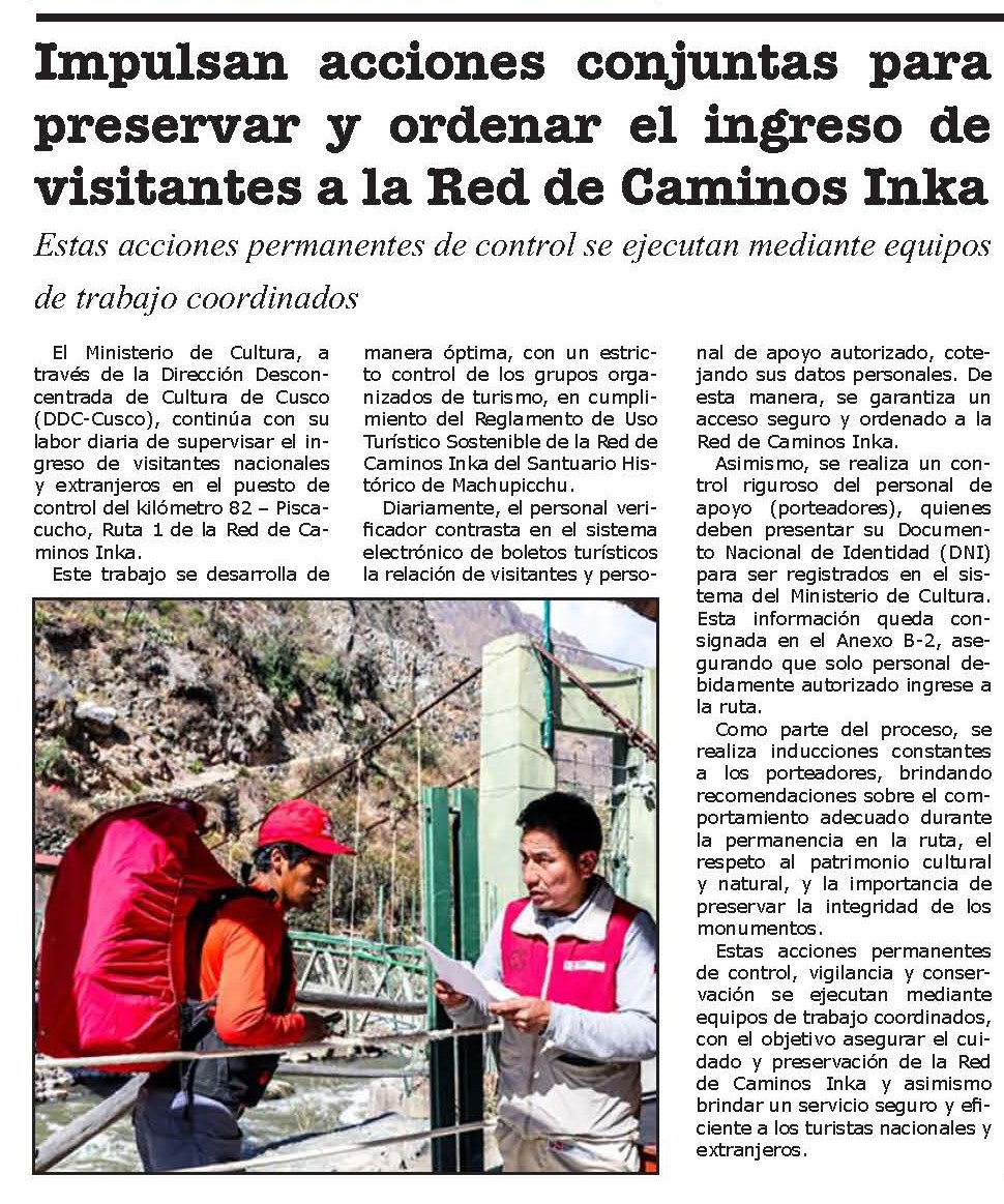 ACCIONES DE CONTROL EN EL INGRESO DE VISITANTES A CAMINO INCA