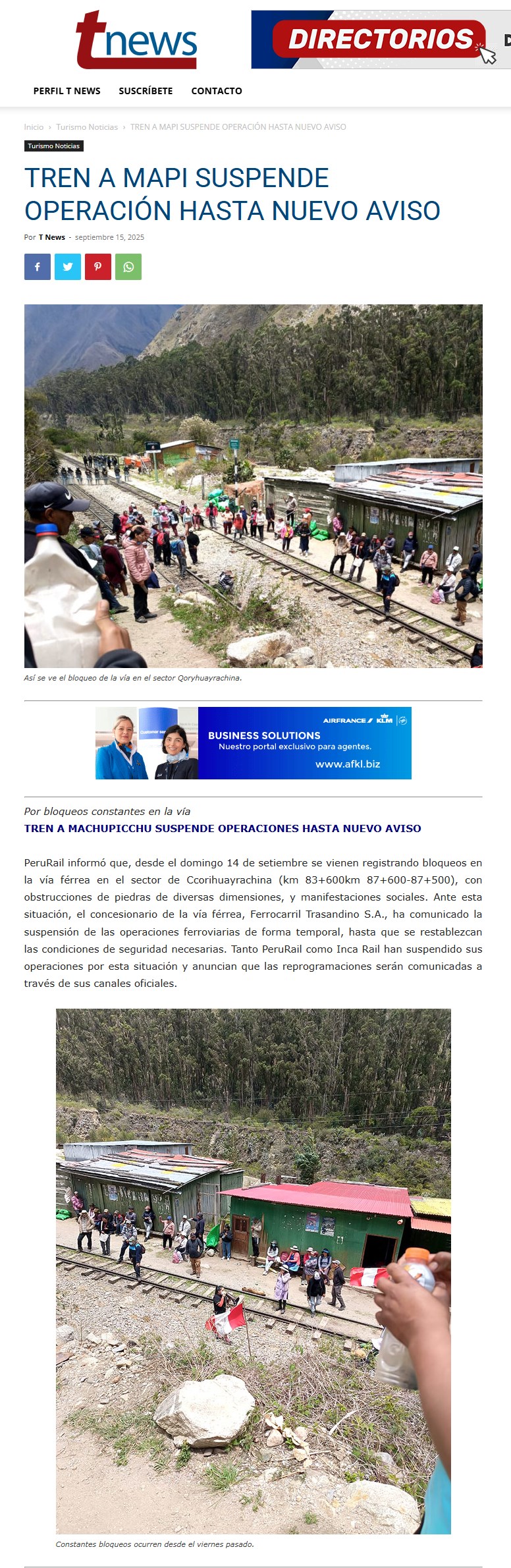 TRENES HACIA MACHU PICCHU SON SUSPENDIDOS TEMPORALMENTE ANTE BLOQUEOS