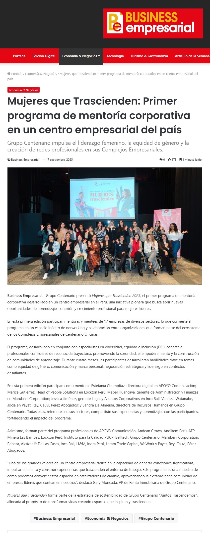 MUJERES QUE TRASCIENDEN: PRIMER PROGRAMA DE MENTORÍA CORPORATIVA EN UN CENTRO EMPRESARIAL DEL PAÍS