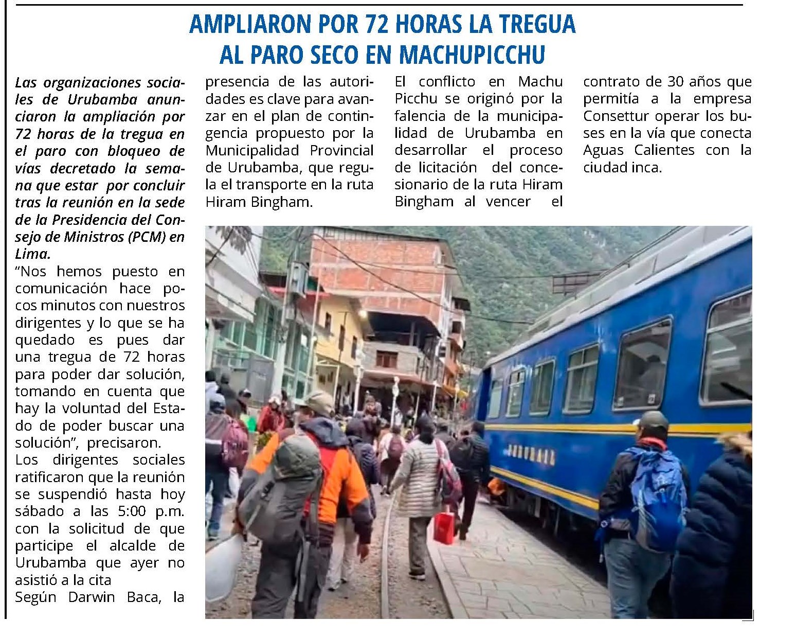 AMPLIARON POR 72 HORAS LA TREGUA AL PARO SECO EN MACHUPICCHU