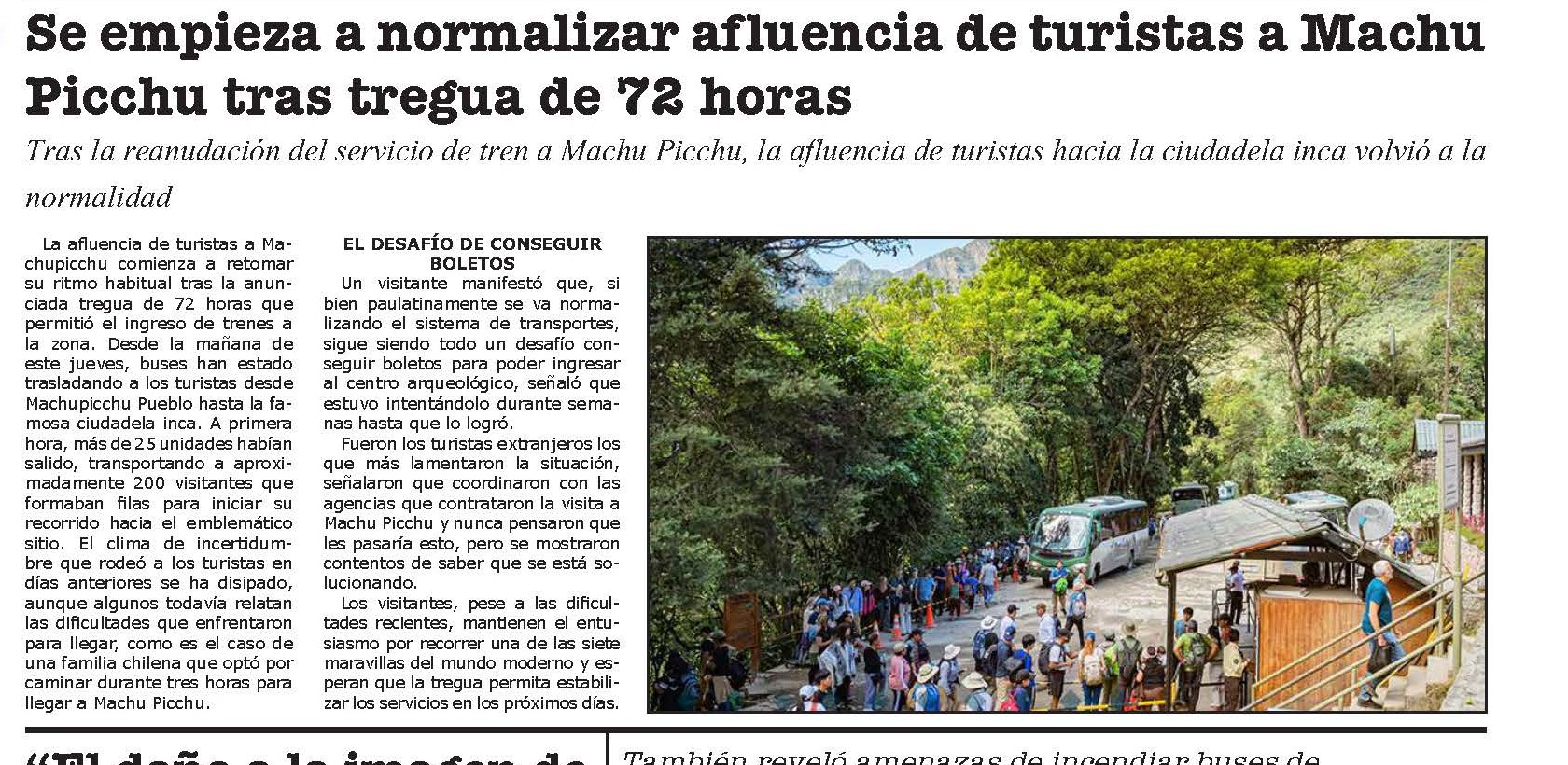 SITUACIÓN EN MACHU PICCHU SE NORMALIZA POR TREGUA DE 72 HORAS
