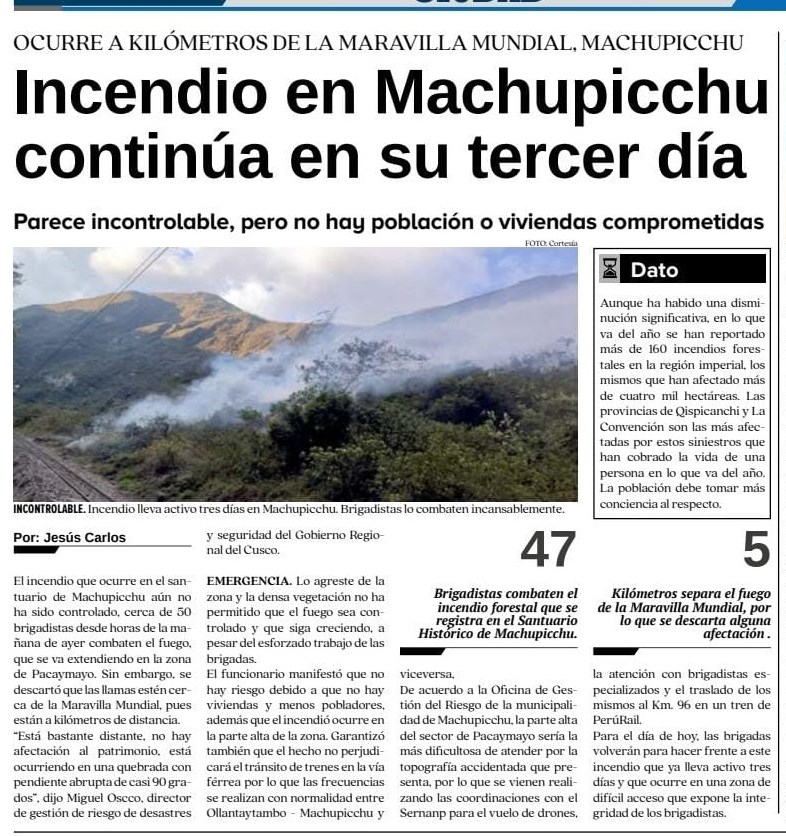 INCENDIO FORESTAL EN ZONA DE MACHU PICCHU LOGRA SER CONTROLADO