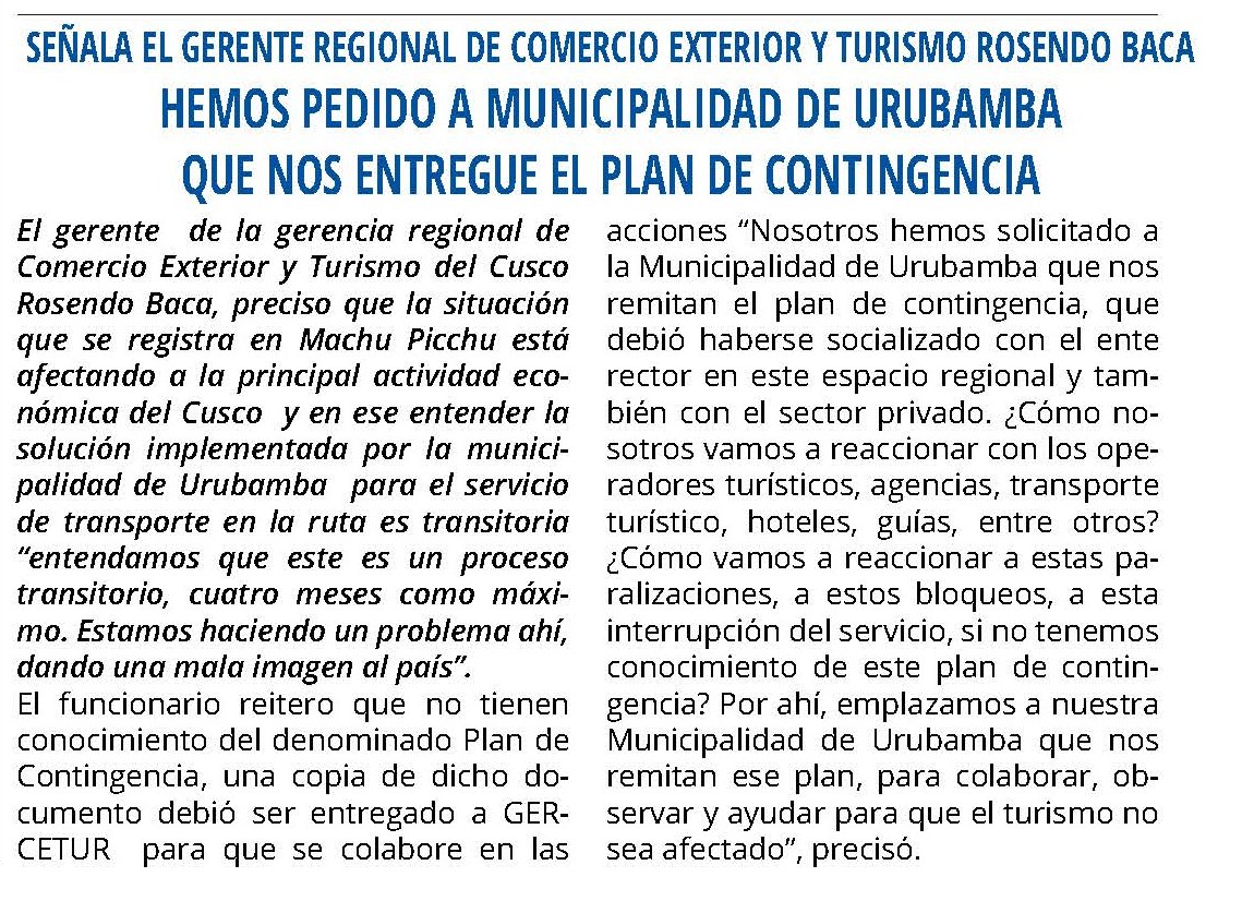 PLAN DE CONTINGENCIA PARA MACHUPICCHU NO CONSIDERÓ EL TEMA DE COMBUSTIBLE
