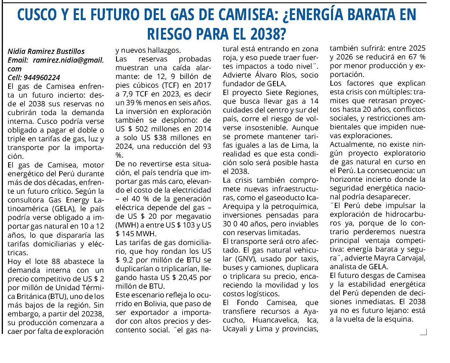 PERÚ CONFIRMA INICIO DE PRODUCCIÓN DE GAS NATURAL EN BLOQUE DE CUSCO A PARTIR DE 2026