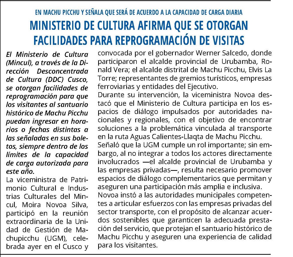 MINISTERIO DE CULTURA AFIRMA QUE SE OTORGAN FACILIDADES PARA REPROGRAMACIÓN DE VISITAS