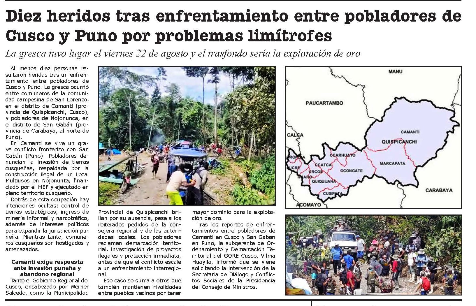 ENFRENTAMIENTO ENTRE POBLADORES DE CUSCO Y PUNO POR PROBLEMAS LIMÍTROFES