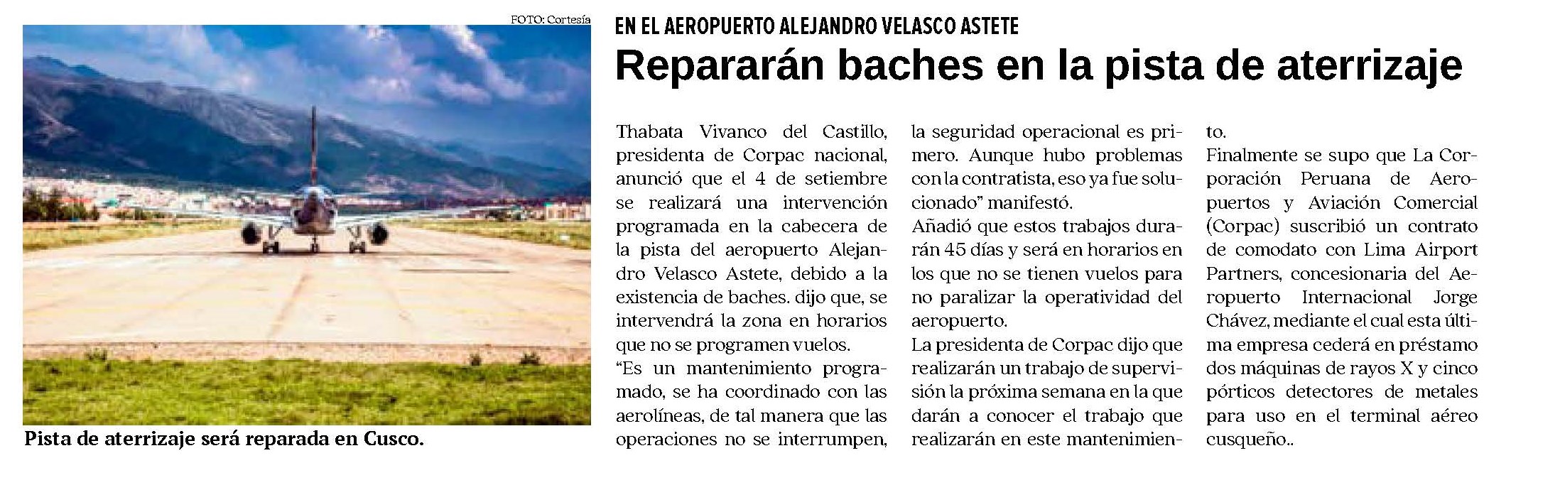 SE INICIARON TRABAJOS DE MANTENIMIENTO EN LA PISTA DEL AEROPUERTO DE CUSCO