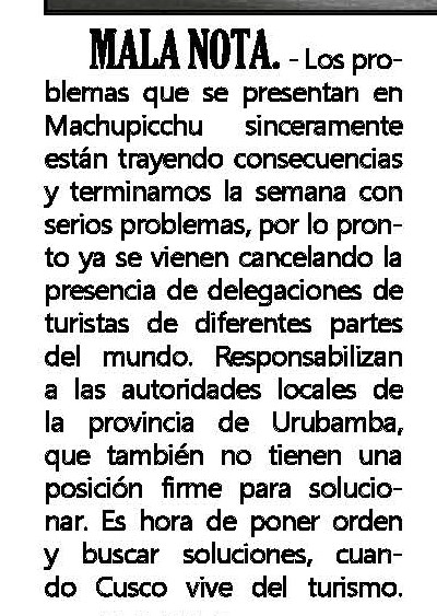 PROBLEMAS EN MACHUPICCHU PROVOCAN CANCELACIÓN DEL 40% DE RESERVAS TURÍSTICAS