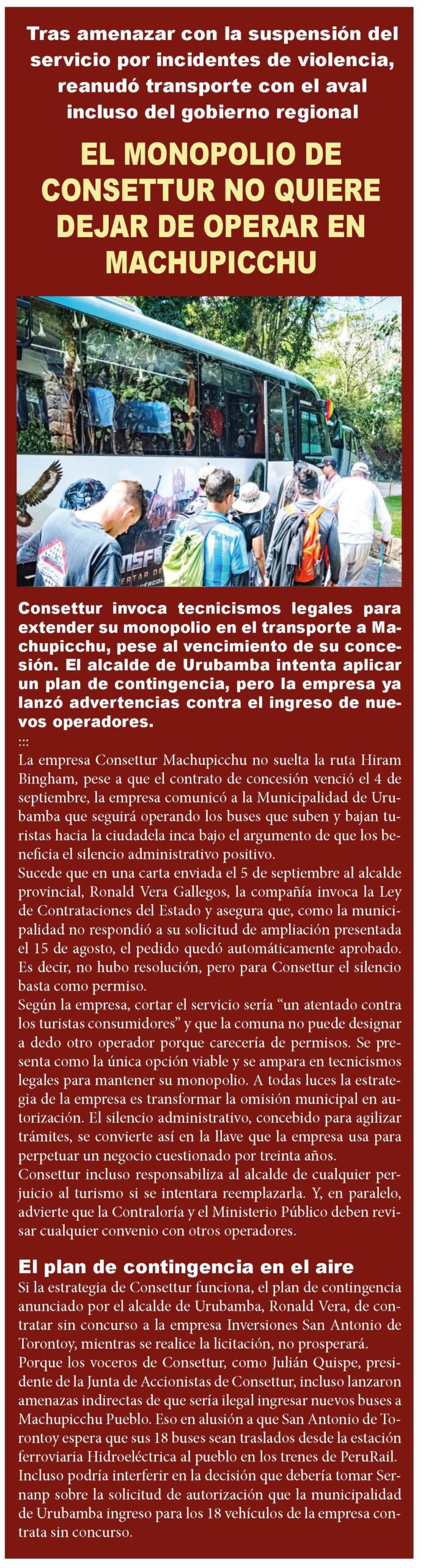 CONSETTUR SE AFERRA A LA RUTA DE ACCESO A LA CIUDADELA INCA