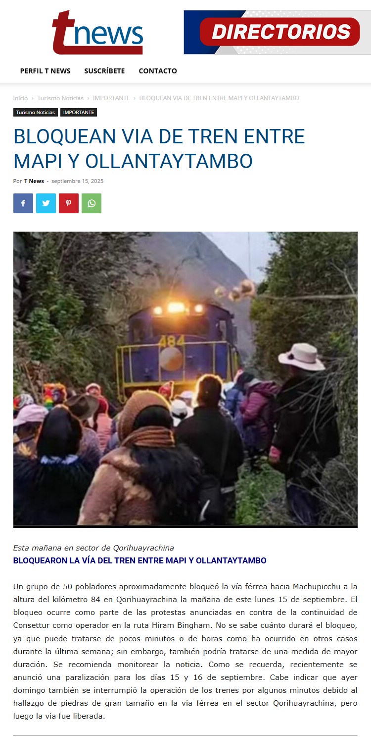 EMBAJADA DE ESTADOS UNIDOS EN PERÚ ADVIERTE A TURISTAS NORTEAMERICANOS SOBRE LOS PROBLEMAS EN MACHU PICCHU