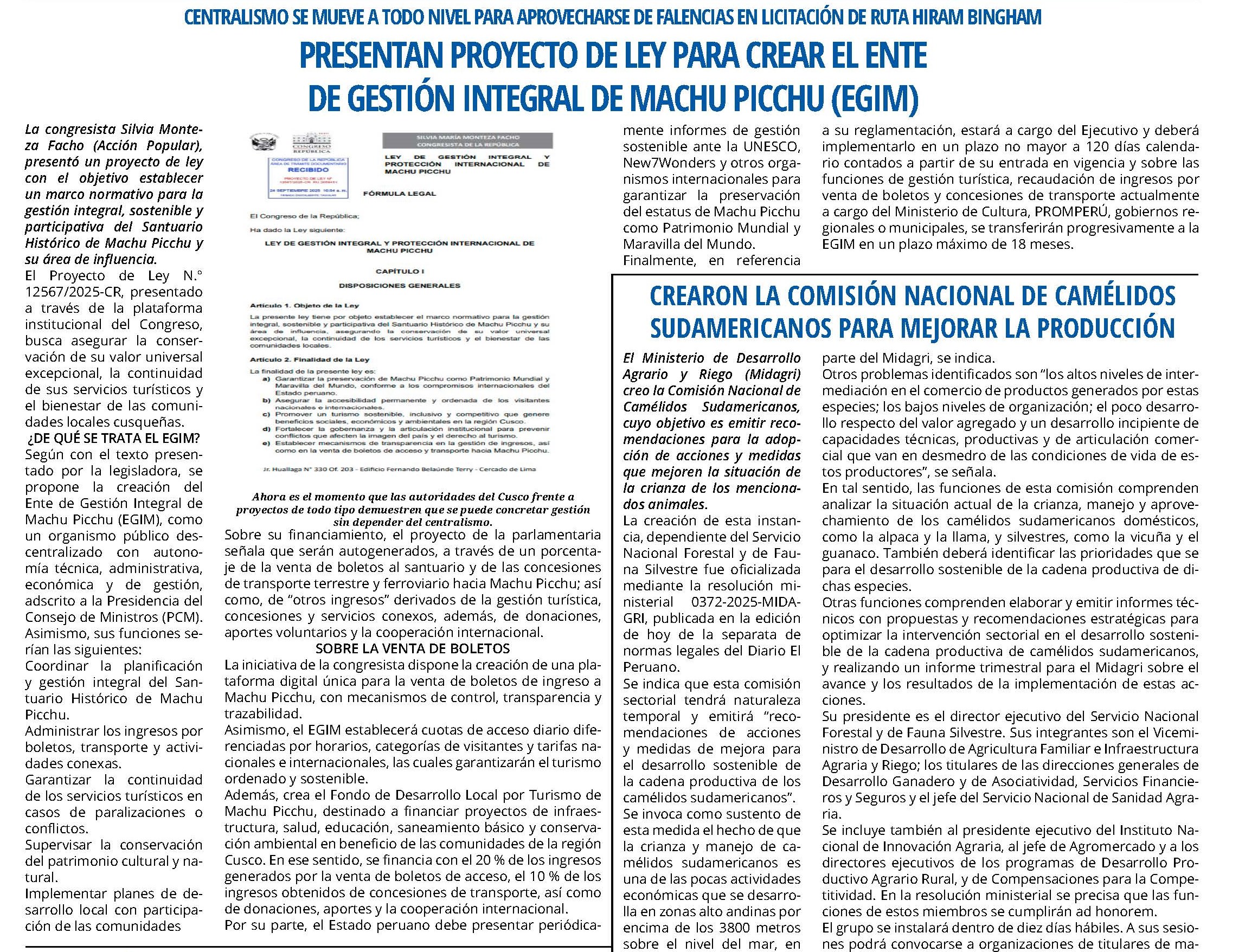 PRESENTAN PROYECTOS DE LEY PARA CREAR EL ENTE DE GESTIÓN INTEGRAL DE MACHU PICCHU (EGIM)