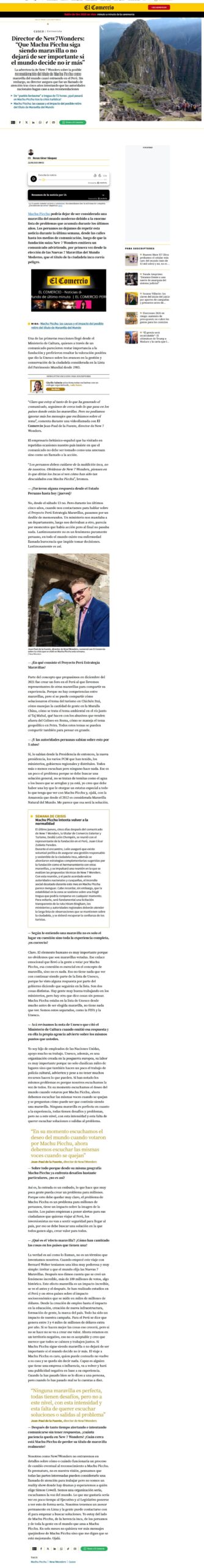 DIRECTOR DE NEW7WONDERS: “QUE MACHU PICCHU SIGA SIENDO MARAVILLA O NO DEJARÁ DE SER IMPORTANTE SI EL MUNDO DECIDE NO IR MÁS”