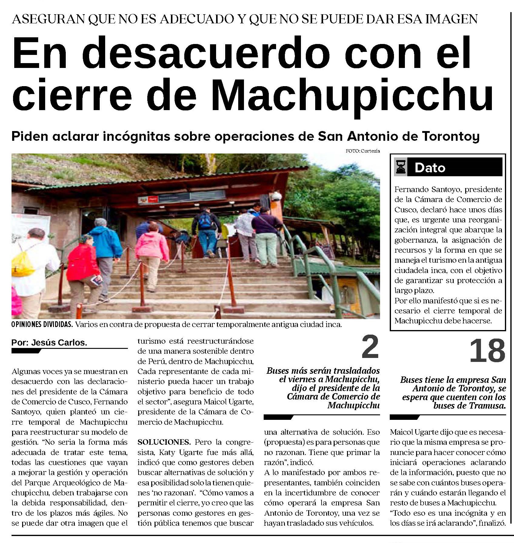 GREMIOS PROPONEN CIERRE TEMPORAL DE MACHU PICCHU PARA REESTRUCTURACIÓN