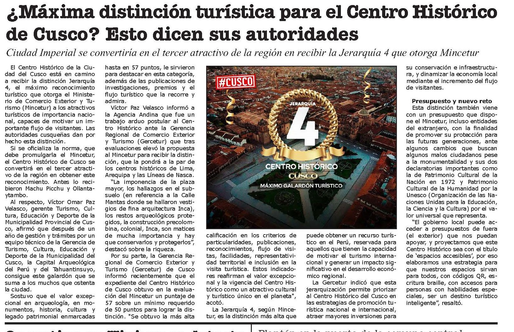 ¿MÁXIMA DISTINCIÓN TURÍSTICA PARA EL CENTRO HISTÓRICO DE CUSCO?