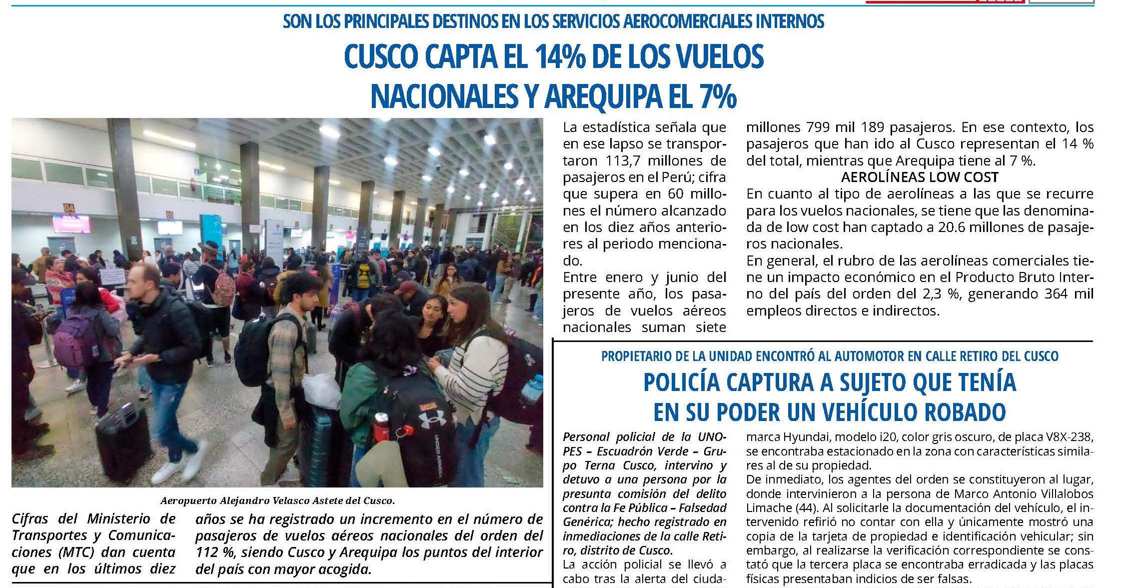CUSCO CAPTA EL 14 % DE LOS VUELOS NACIONALES Y AREQUIPA EL 7%