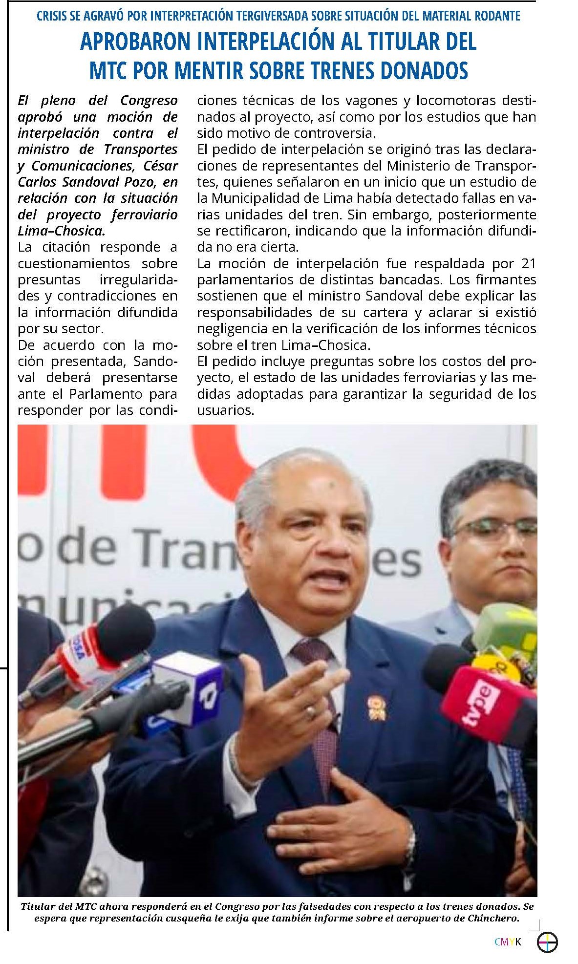 APROBARON INTERPELACIÓN AL TITULAR DEL MTC POR MENTIR SOBRE TRENES DONADOS