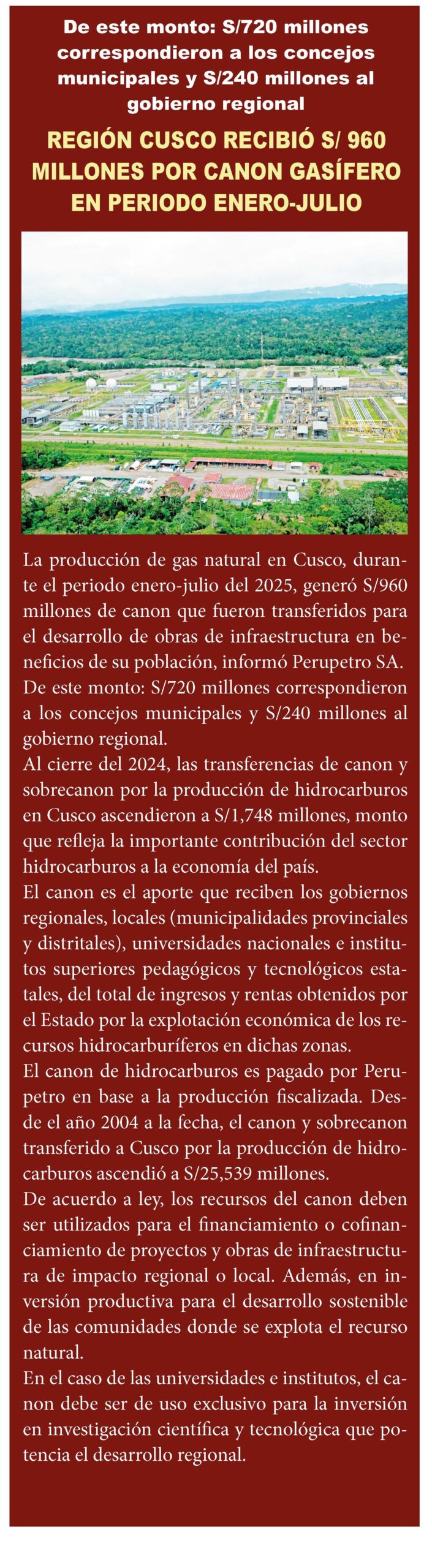REGIÓN CUSCO RECIBIÓ S/ 960 MILLONES POR CANON GASÍFERO EN PERÍODO ENERO-JULIO