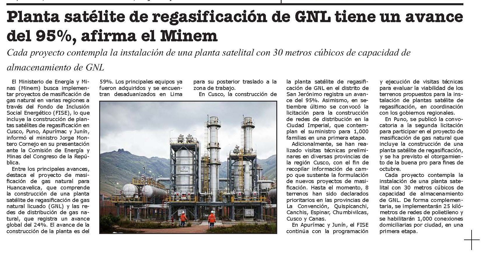 PLANTA SATÉLITE DE REGASIFICACIÓN DE GNL TIENE UN AVANCE DEL 95%, AFIRMA EL MINEM