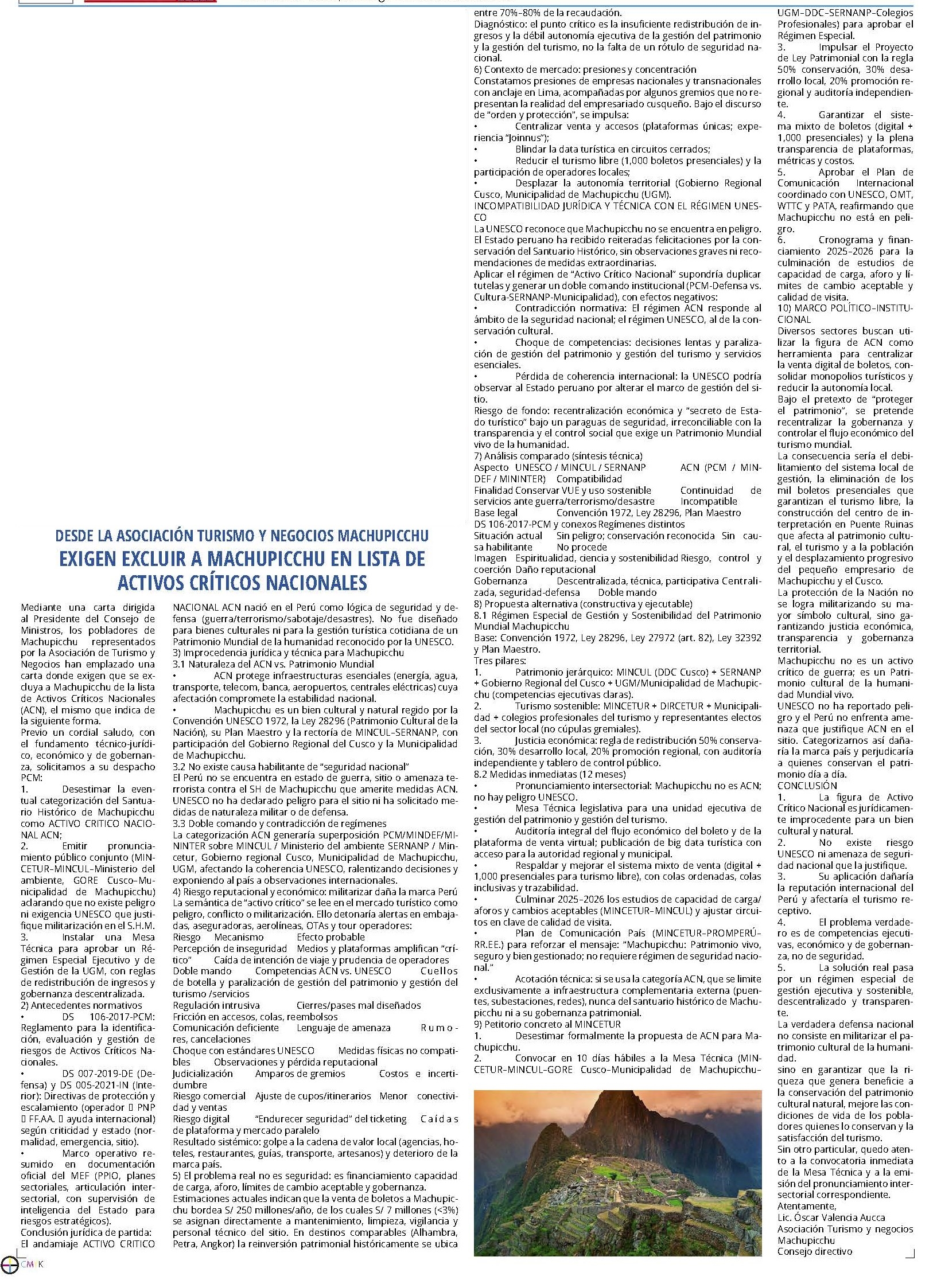EXIGEN EXCLUIR A MACHUPICCHU EN LISTA DE ACTIVOS CRÍTICOS NACIONALES
