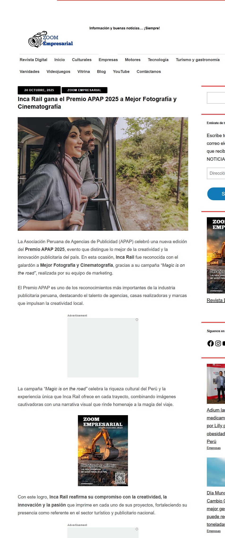 INCA RAIL GANA EL PREMIO APAP 2025 A MEJOR FOTOGRAFÍA Y CINEMATOGRAFÍA