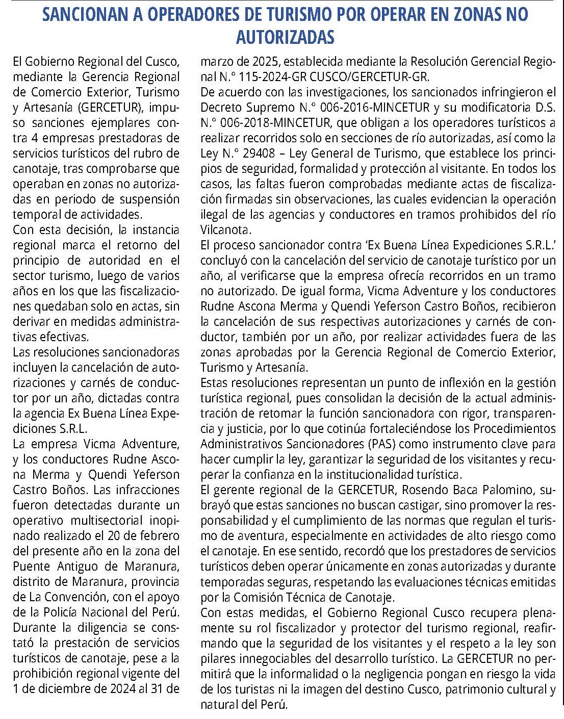 SANCIONAN A OPERADORES DE TURISMO POR OPERAR EN ZONAS NO AUTORIZADAS