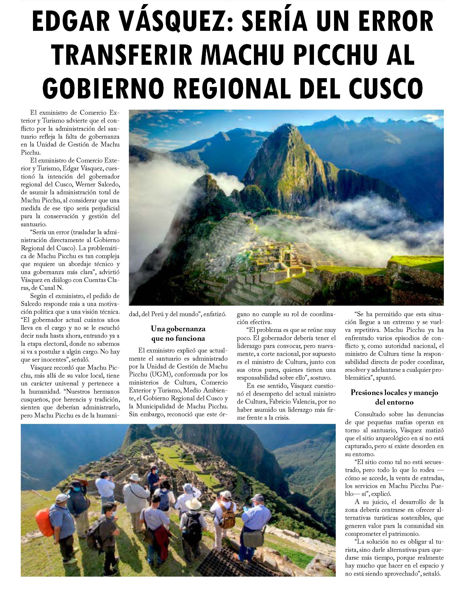 EDGAR VÁSQUEZ: SERÍA UN ERROR TRANSFERIR MACHU PICCHU AL GOBIERNO REGIONAL DEL CUSCO