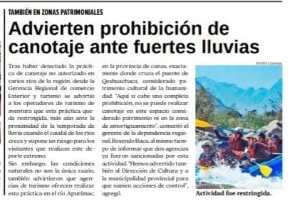 ADVIERTEN PROHIBICIÓN DE CANOTAJE ANTE FUERTES LLUVIAS