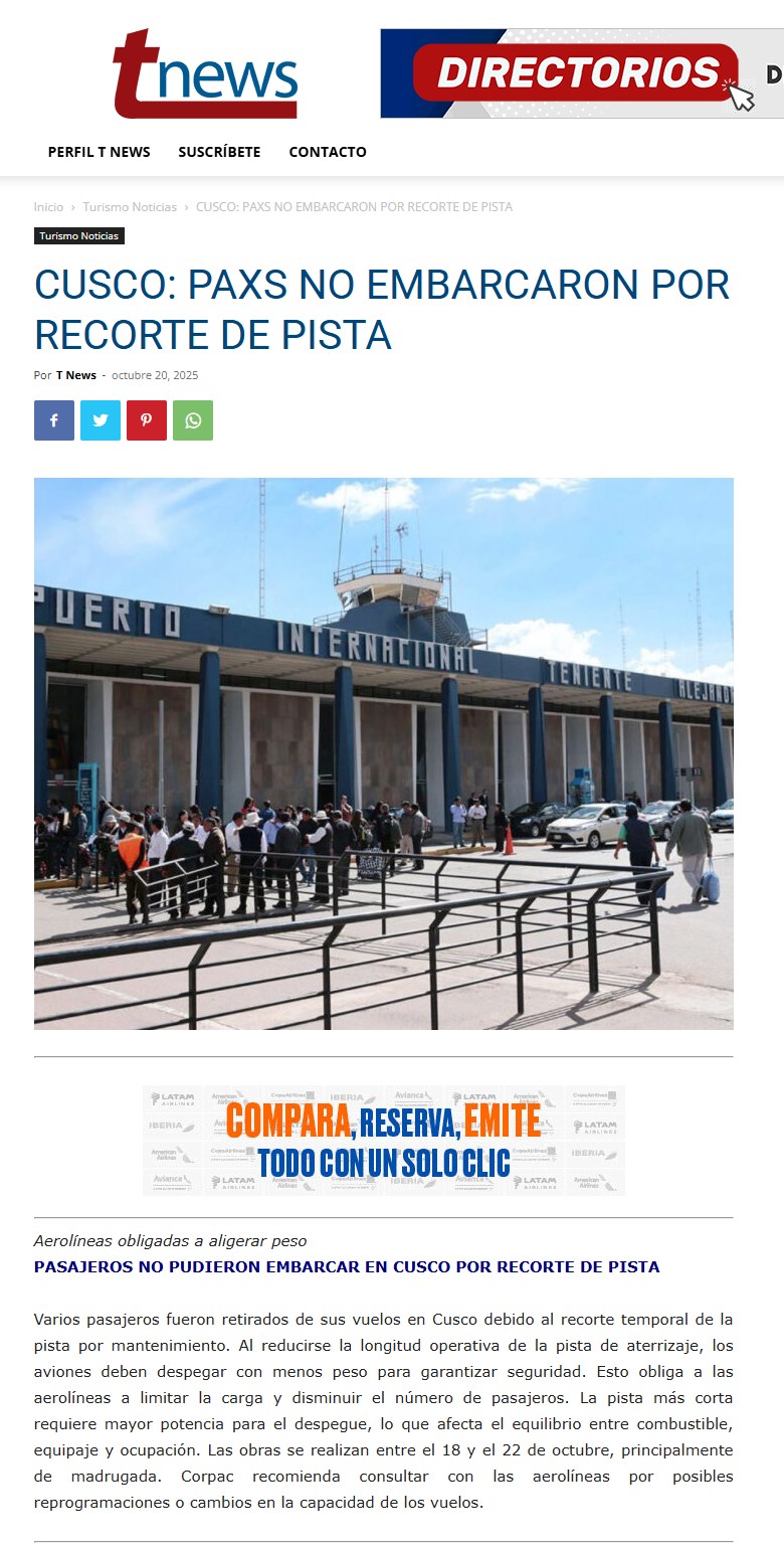 TERMINÓ MANTENIMIENTO DE LA PISTA DEL AEROPUERTO DEL CUSCO Y TRÁFICO SE NORMALIZA