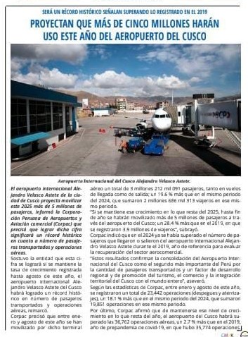 AEROPUERTO DE CUSCO PROYECTA MOVILIZAR 5 MILLONES DE PASAJEROS ESTE AÑO