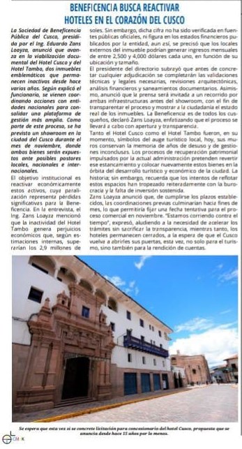 BENEFICENCIA BUSCA REACTIVAR HOTELES EN EL CORAZÓN DEL CUSCO
