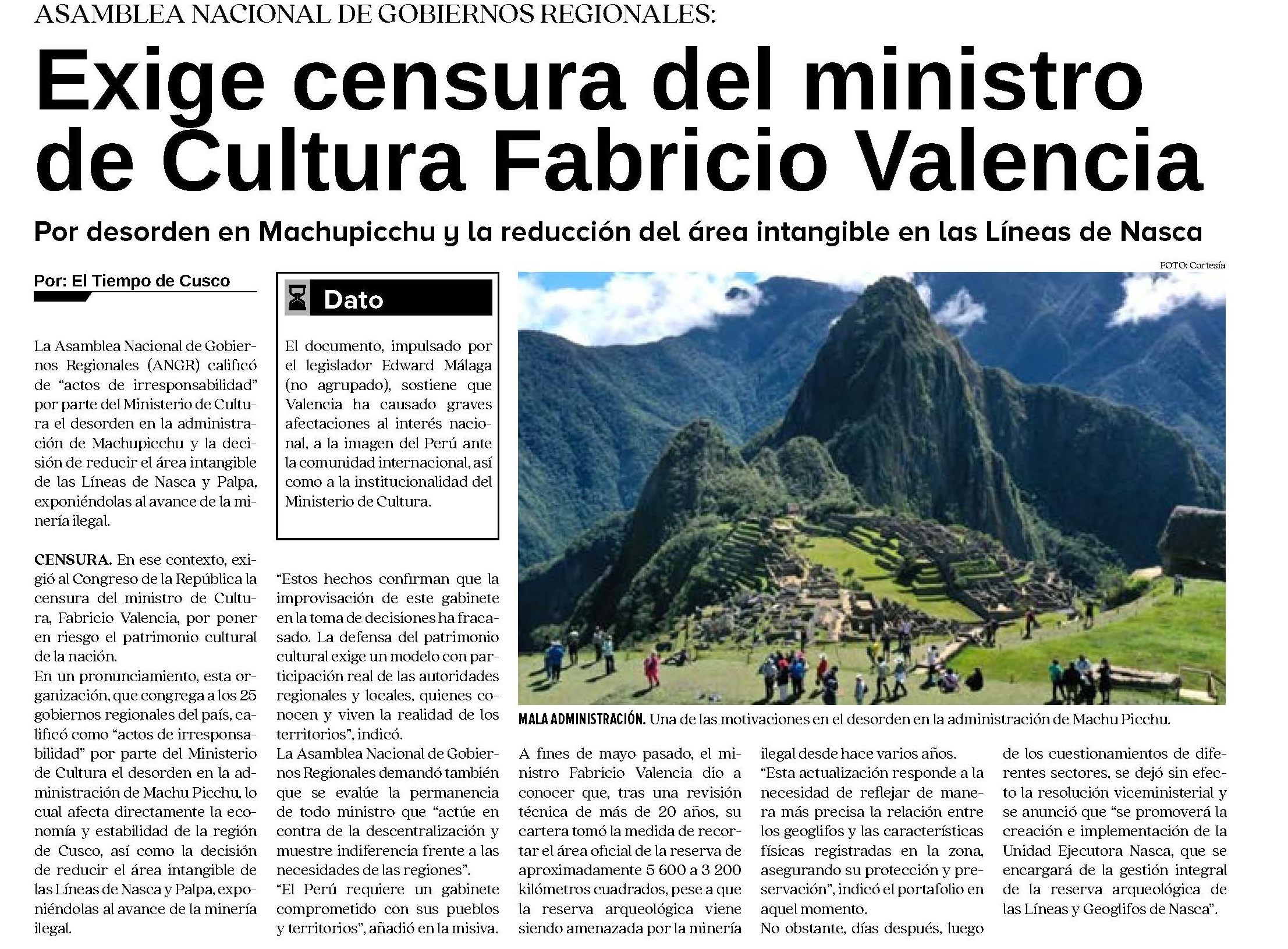 GOBIERNOS REGIONALES EXIGEN CENSURA DEL MINISTRO DE CULTURA