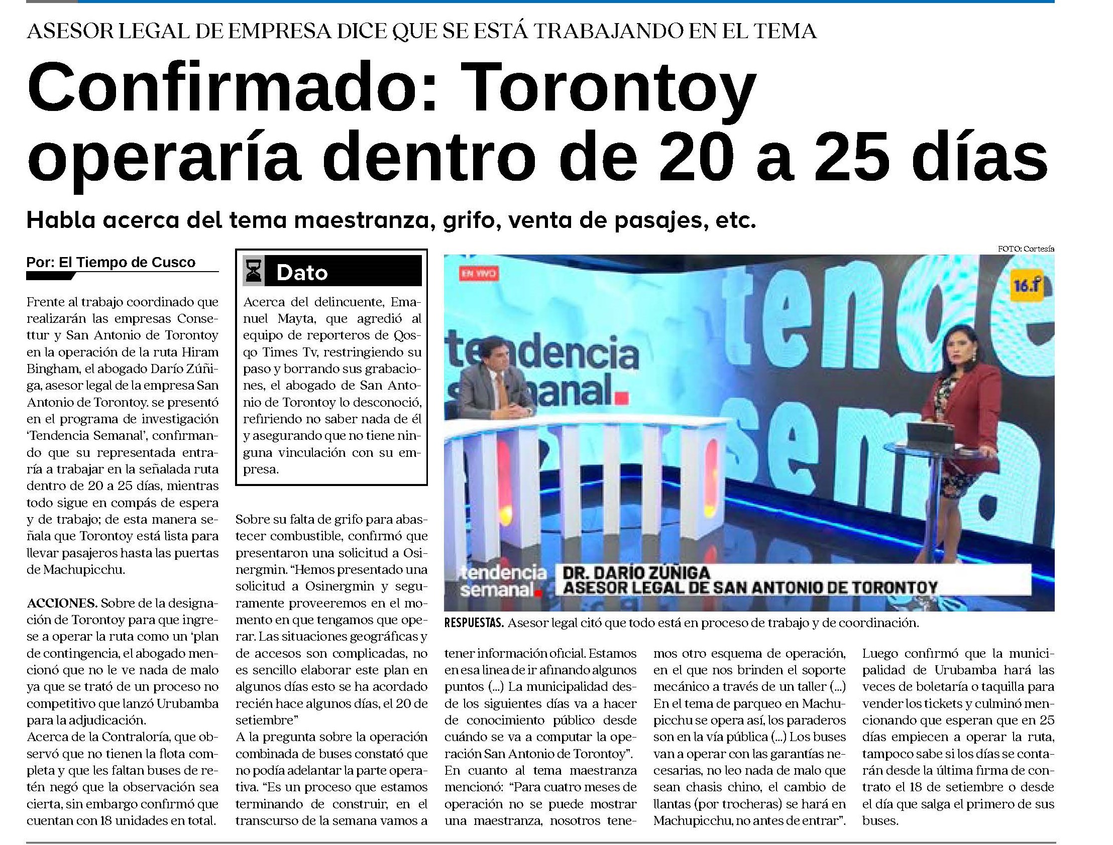 SAN ANTONIO DE TORONTOY Y CONSETTUR MACHUPICCHU SUSCRIBEN PLAN DE CONTINGENCIA