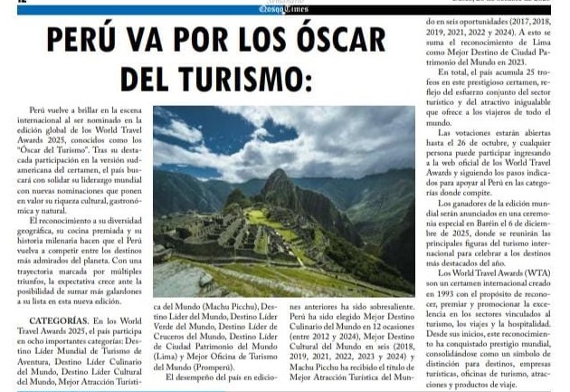 PERÚ VA POR LOS ÓSCAR DEL TURISMO