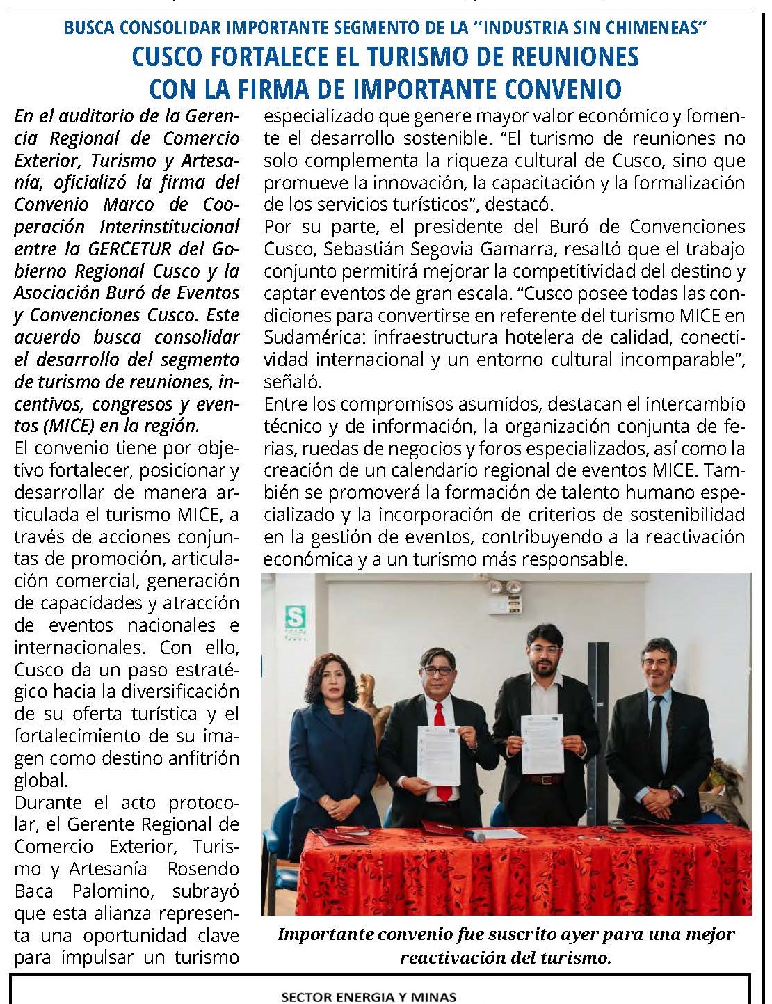 GORE CUSCO FIRMA DE CONVENIO CON LA ASOCIACIÓN BURÓ DE CONVENCIONES