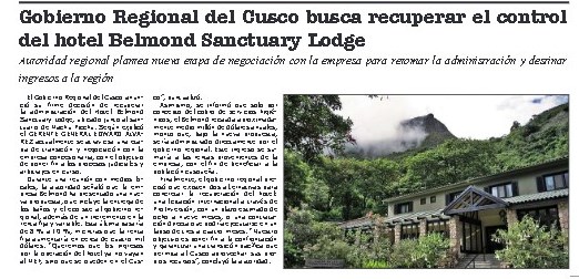 GOBIERNO REGIONAL BUSCA RECUPERAR EL CONTROL DEL HOTEL BELMOND SANCTUARY LODGE
