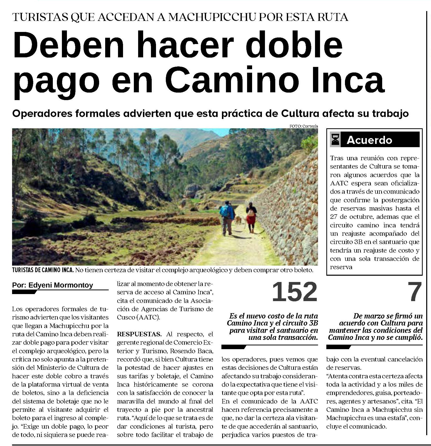 EMPRESARIOS DE TURISMO RECHAZAN RESTRICCIÓN EN EL CAMINO INCA