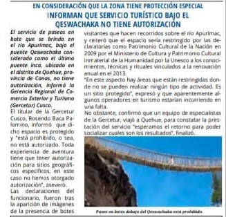 INFORMAN QUE SERVICIO TURÍSTICO BAJO EL QESWACHAKA NO TIENE AUTORIZACIÓN